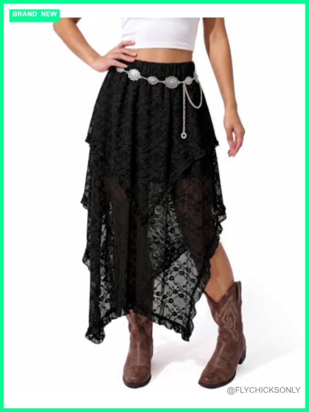 Lace Asymmetrical Layered Hem Flowy Boho Maxi Skirt Elastic Waist